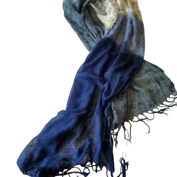 Beautiful Ombre Blue Peace Love 100% Viscose Fringed Scarf - Picture 5 of 13